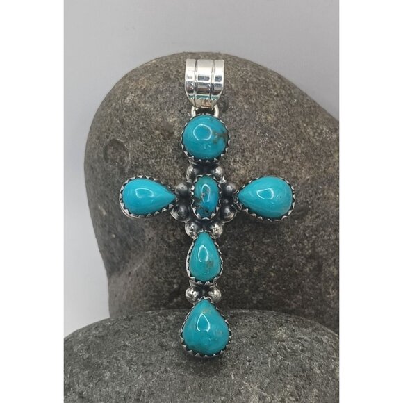 Zuni Style Sterling Silver Turquoise Cross Pendant Handmade Statement Unisex - Picture 1 of 6